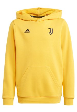 Felpa gialla con cappuccio realizzata in morbido tessuto, dotata di tasca a marsupio, polsini a coste e loghi neri di adidas e Juventus.