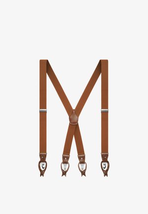 Brune justerbare seler med sølvclips og læderløkke, arrangeret i en X-form på en hvid baggrund.