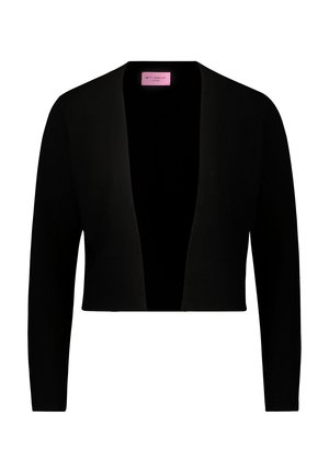 Cardigan court noir avec des manches longues, une ouverture à l'avant et une texture lisse. L'étiquette indique "Betty Barclay" en rose.