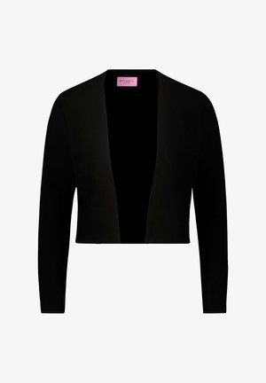 Cardigan court noir avec des manches longues, une ouverture à l'avant et une texture lisse. L'étiquette indique "Betty Barclay" en rose.
