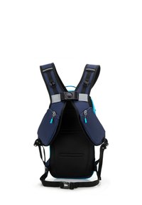 Zaino blu navy con spallacci imbottiti, schienale in rete e due tasche laterali con zip. Presenta cuciture a contrasto e spallacci regolabili per il massimo comfort.