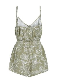 Rompers à motifs floraux verts avec fines bretelles, taille élastique et tissu texturé, présentant une coupe ample et un short court.