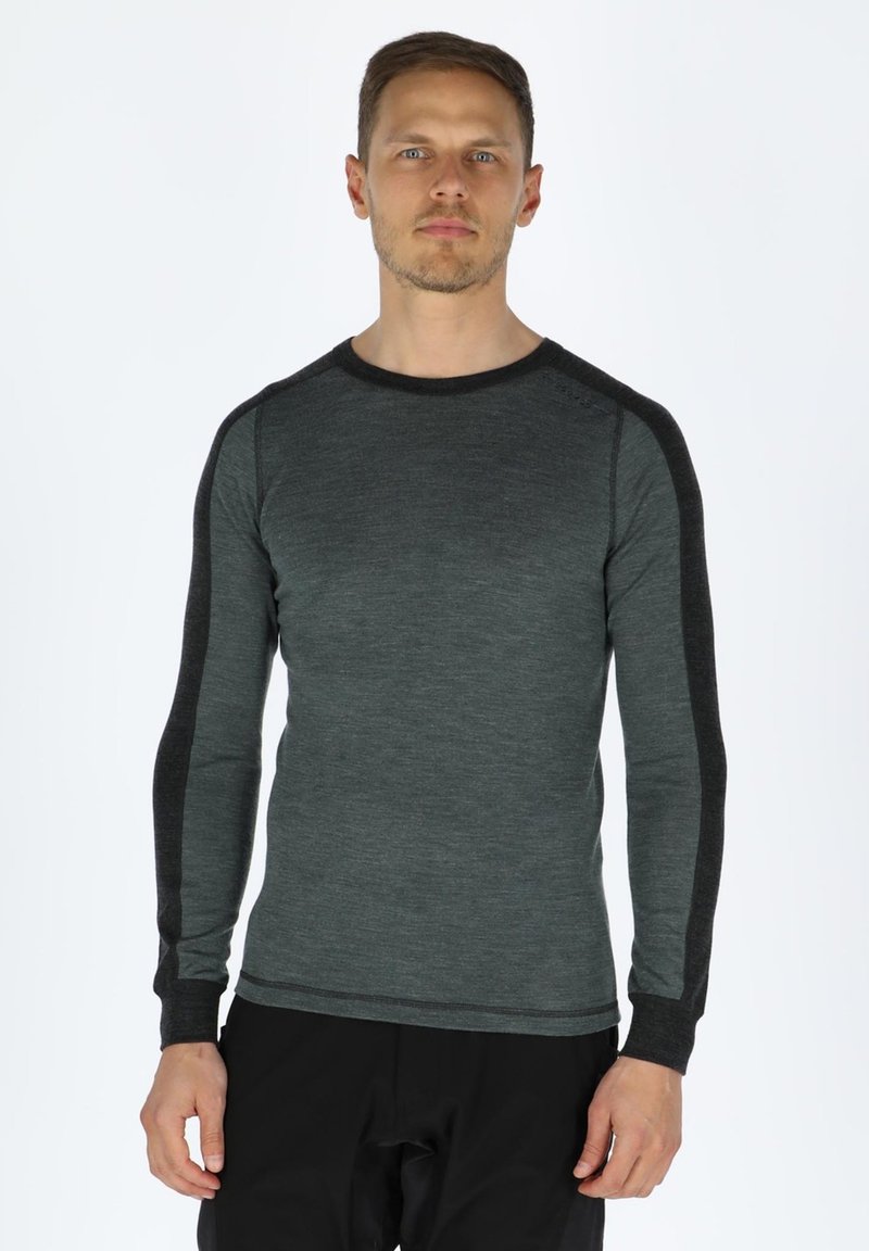 Long-sleeve thermal shirt in dark grey with contrasting black shoulder panels. Made of soft material, featuring a crew neck and fitted design.