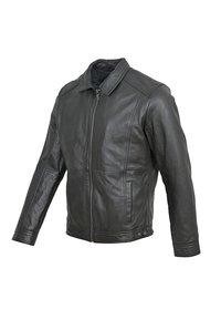 Svart läderjacka med dragkedja fram, ståkrage och två sidofickor. Slät textur, figurnära design och lätt sömnadsdetaljer.