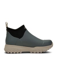 Bottine imperméable en gris foncé avec un poignet en néoprène noir et une semelle en caoutchouc beige, arborant un motif de semelle prononcé pour une meilleure traction.