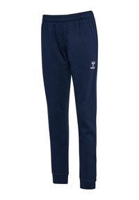 Granatowe dresowe spodnie z mieszanki bawełny, z elastycznym pasem, zwężającymi się nogawkami i małym białym logo na lewym udzie.