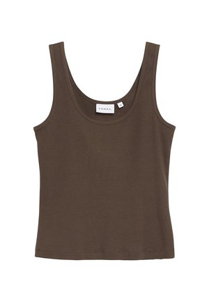 Top marrone a coste senza maniche con scollo rotondo e etichetta COMMA sulla parte posteriore del collo, taglia 36.