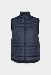 Colete acolchoado azul-marinho com gola alta, fecho frontal por zipper e textura acolchoada horizontal. Apresenta um exterior liso e leve.