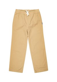 Khaki kalhoty s elastickým pasem a bílou šňůrkou. Mají rovné nohavice a kontrastní švy. Bez kapes. Bavlněná tkanina.