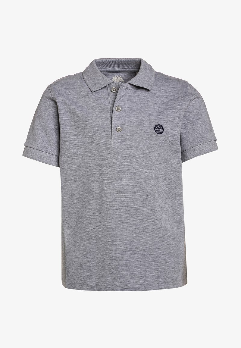 Szary polo z teksturowanej tkaniny, z złożonym kołnierzykiem, trzema guzikami na listwie oraz małym haftowanym logo na piersi.