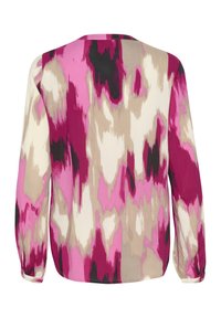 Langsleeve shirt van geweven stof met een abstract patroon dat tinten roze, beige en zwart combineert; heeft een ronde halslijn en manchet.