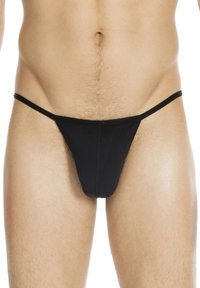 Schwarze Herren-Thong-Unterwäsche mit minimaler Bedeckung, glatter Textur, dünnen Trägern und nahtlosem Design für optimalen Komfort.