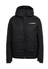 Sort hættejakke med lynlåslukning, med quiltet design, justerbar snor og logo på brystet.