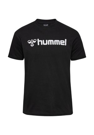 Svart bomullströja med korta ärmar, med en framträdande vit "hummel"-logotyp över bröstet. Klassisk rund halsringning, mjuk textur.
