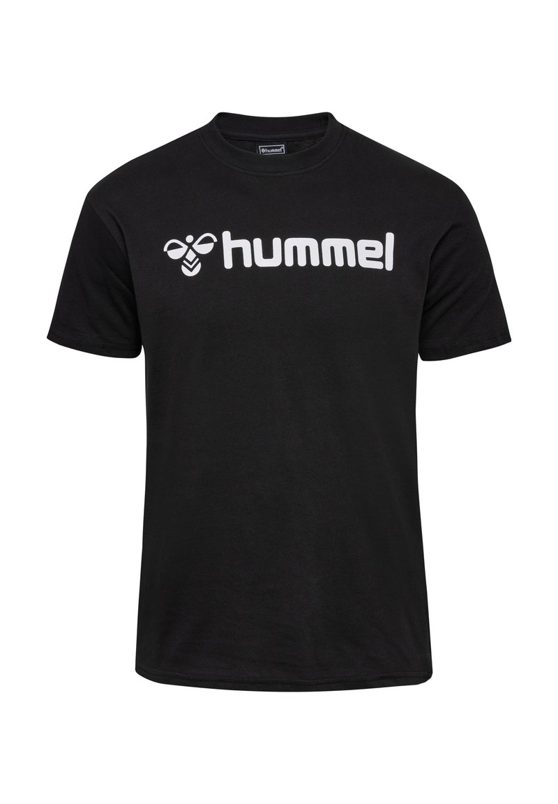 Zwarte katoenen t-shirt met korte mouwen, met een opvallend wit "hummel" logo op de borst. Klassieke ronde halslijn, gladde textuur.