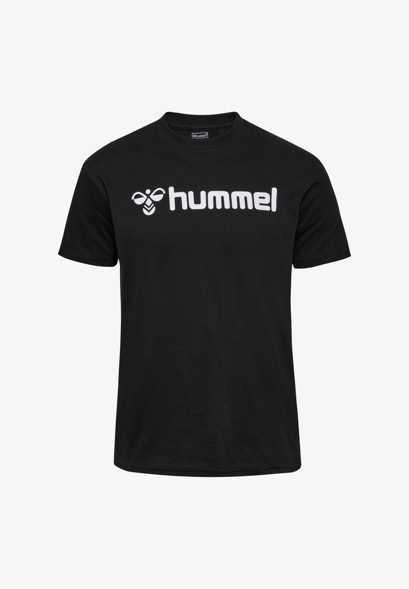 Schwarzes Baumwoll-T-Shirt mit kurzen Ärmeln, das ein auffälliges weißes "hummel"-Logo über der Brust zeigt. Klassischer Rundhalsausschnitt, glatte Textur.