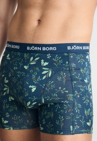 Vīriešu bokseršortus tumši zilos audumos ar zaļu un sarkanu mīklas lapu rakstu. Elastīgs jostasvīrs ar "BJÖRN BORG" zīmolu.