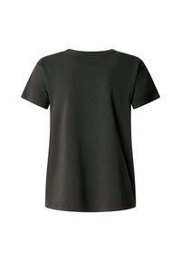 T-shirt preto de mangas curtas com decote redondo. Textura suave e corte simples, apresentando uma bainha reta e sem adornos.