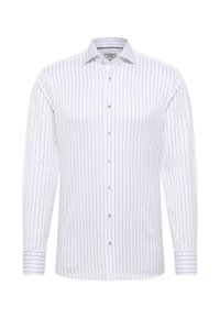 Witte lange mouwen shirt met dunne verticale strepen, heeft een puntige kraag, knoopsluiting aan de voorkant en manchetten met bijpassende strepen.