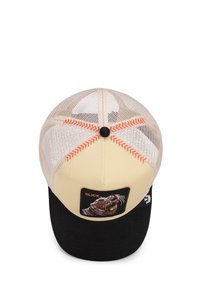 Cappello da camionista beige con visiera nera, retro in rete e una toppa ricamata di un animale. Presenta cuciture arancioni e una chiusura snapback.