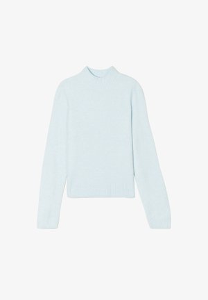 Maglione azzurro chiaro realizzato in tessuto morbido, con colletto alto a coste e maniche lunghe. Il design è semplice, senza motivi.