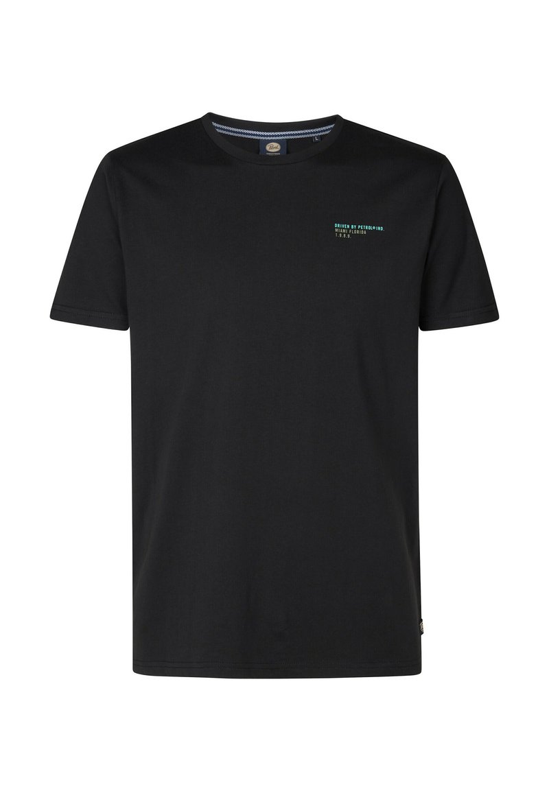 Černé bavlněné tričko s krátkými rukávy a kulatým výstřihem, s malým tyrkysovým textem na levé straně hrudi a logem na spodním lemu.