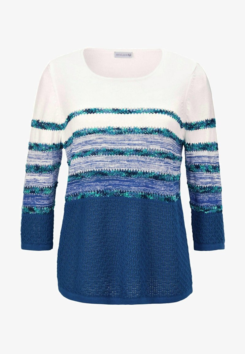 Strickpullover mit scoop neckline, langen Ärmeln und einem gestreiften Muster in Hellblau, Türkis und Marineblau, mit texturalen Variationen im Stoff.