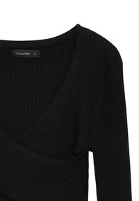 Top nero a maniche lunghe con coste, caratterizzato da un profondo scollo a V, con design avvolgente e un'etichetta che recita "CALLIOPE S." Morbido tessuto a maglia.