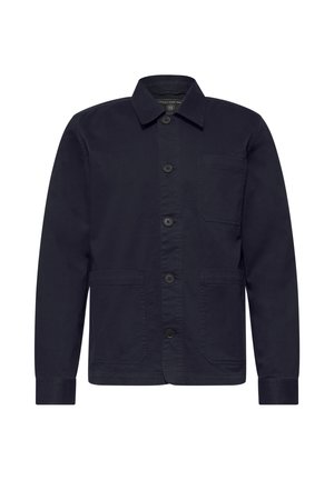 Tumma laivastonsininen napillinen takki, jossa pitkät hihat, kolme etutaskua ja klassinen kaulus.