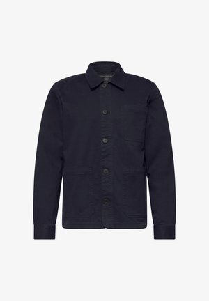 Ciemnogranatowa kurtka na guziki z długimi rękawami, trzema kieszeniami z przodu i klasycznym kołnierzem.