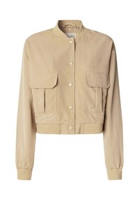 Cropped beige jacket with a round collar, snap buttons, ribbed cuffs, and two front pockets. Made of soft, lightweight fabric.
