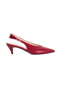 Red, pointed-toe slingback shoe made of textured faux leather with a crocodile pattern, featuring a low heel and adjustable buckle detail.