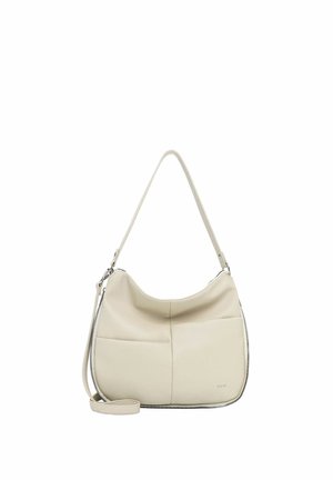 Kabelka přes rameno v krémové barvě z koženého materiálu s dvojitými popruhy, předním patchworkovým vzorem a viditelným zipem podél dolního okraje.