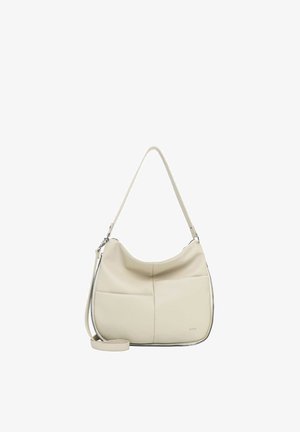 Borsa a tracolla in pelle color crema con doppio manico, design patchwork sulla parte frontale e una cerniera visibile lungo il bordo inferiore.