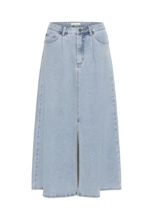Jupe midi en denim bleu clair avec fente zippée sur le devant, passants de ceinture, fermeture par bouton et poches latérales.