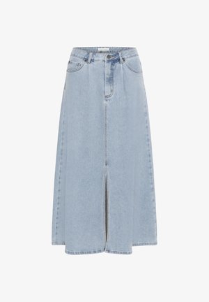 Hele sinine teksase midi-seelik esitelje lõhikuga, vöökandade, nööpkinnituse ja küljetaskutega.