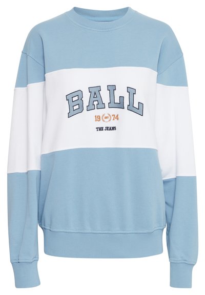 Light blue and white sweatshirt with rounded neck, long sleeves, and front text “BALL 1974 THE JEANS” in navy and orange embroidery.