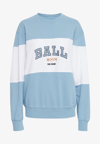 Light blue and white sweatshirt with rounded neck, long sleeves, and front text “BALL 1974 THE JEANS” in navy and orange embroidery.