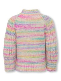 Pull tricoté pour enfant avec des rayures arc-en-ciel pastel dans des nuances de rose, bleu, jaune et violet, présenté de dos avec des manches longues.