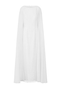 White dress with a textured inner layer, featuring a smooth, flowing cape attached at the shoulders and a straight silhouette.
