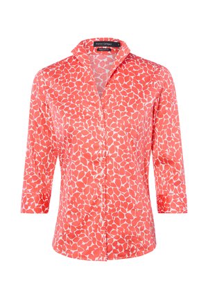 Koraalroze blouse met knoopjes, voorzien van een wit onregelmatig bladpatroon, driekwart mouwen en een klassiek kraagje, normale pasvorm van Franco Callegari.