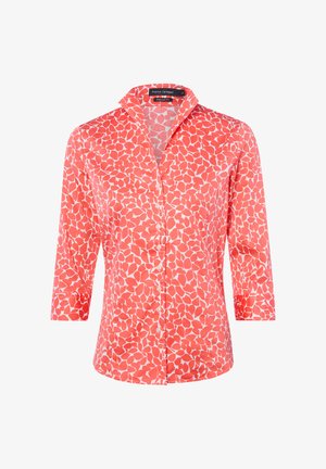 Koraalroze blouse met knoopjes, voorzien van een wit onregelmatig bladpatroon, driekwart mouwen en een klassiek kraagje, normale pasvorm van Franco Callegari.