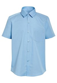 Camicia a maniche corte, con bottoni, di colore azzurro chiaro, realizzata in tessuto morbido. Presenta un colletto a punta e una tasca singola sul petto.