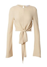 Beige, geripptes Langarmoberteil mit Rundhalsausschnitt und Keyhole-Rücken. Verfügt über eine vordere Bindedetail in der Taille zur Anpassung.