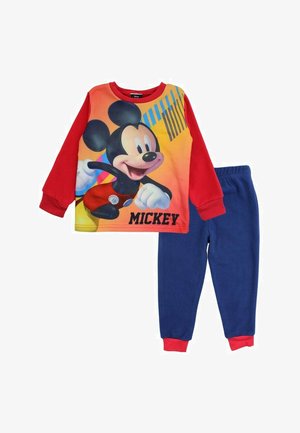 Chemise rouge à manches longues avec un graphique de Mickey Mouse et un pantalon bleu. Tissu doux, col rond, poignets élastiques et taille élastique.