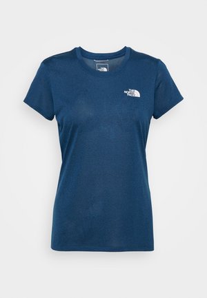 Camiseta de manga corta azul marino con cuello redondo y el logo de The North Face en la parte superior izquierda del pecho.