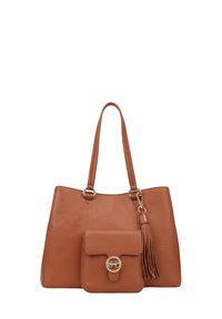 Leren tote bag in bruin met twee handvatten, een voorvak en een decoratieve franje. Bevat een gouden hardware accent op het vak.