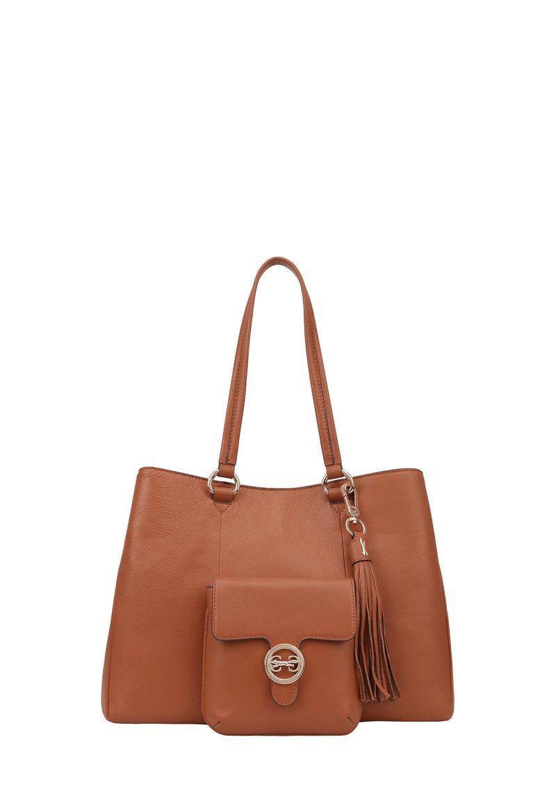 Leren tote bag in bruin met twee handvatten, een voorvak en een decoratieve franje. Bevat een gouden hardware accent op het vak.