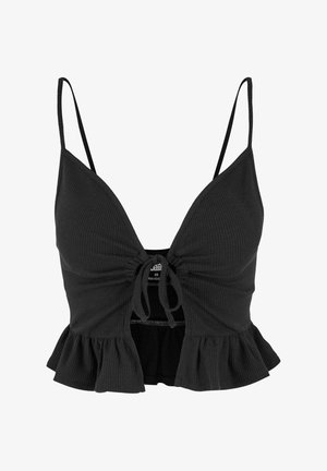 Melna ribota auduma īsā tops ar plānām siksnām, dziļu dekoltē, priekšējo savilcēju detaļu un viļņotu hem.