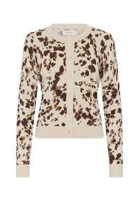 Cream cardigan with brown splatter patterns, ribbed texture, round neckline, and button closure. Fitted design and long sleeves.